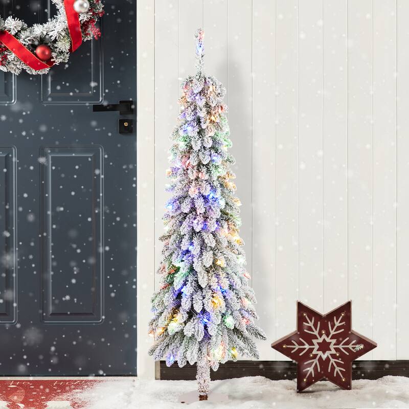 Glitzhome 4.5ft/6ft/7.5ft Pre-Lit Flocked Artificial Snowy Downswept Christmas Tree with Foot Pedal Control LED Lights