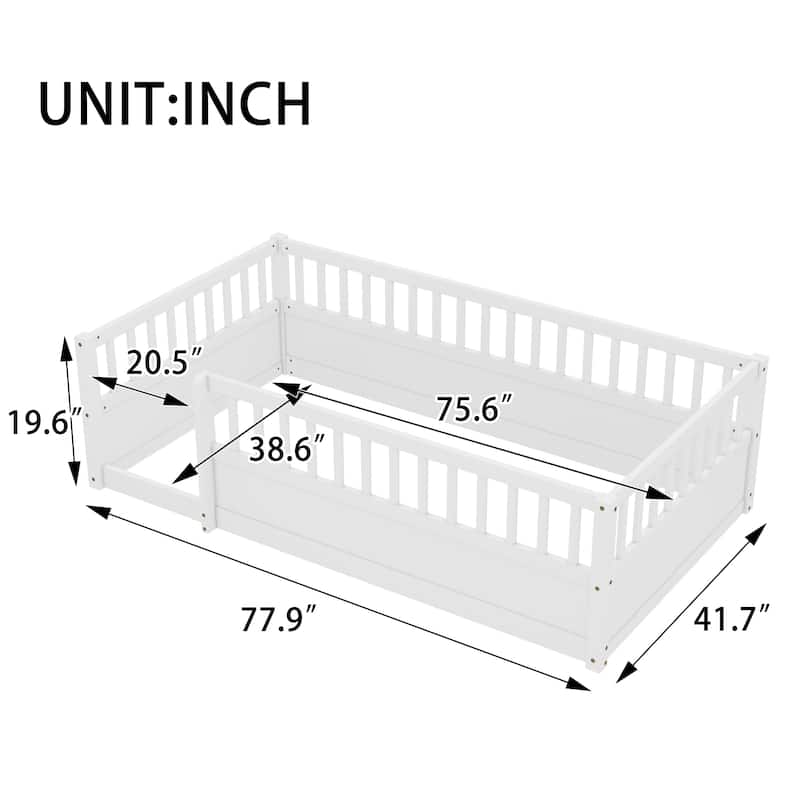 Montessori Toddler Floor Bed Child's Play Wood Bed Frame with High Fence and Open Door, No Slats - Twin Size or Full Size Option