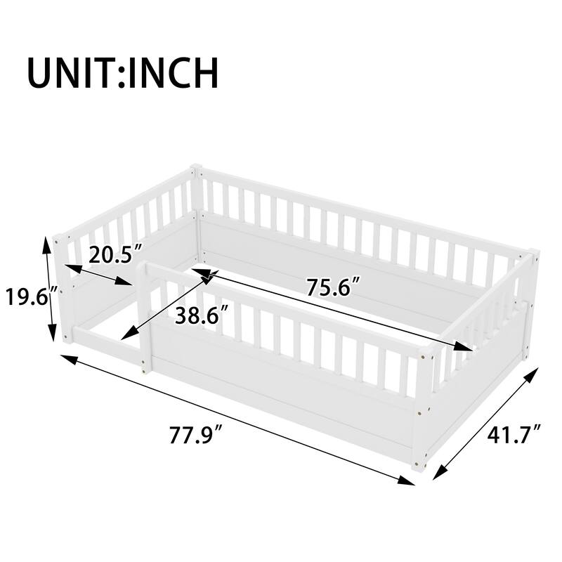 Solid Wood Floor Bed Frame without Slats, Montessori Kids Floor Beds with Full Length Fence, No Box Spring Needed