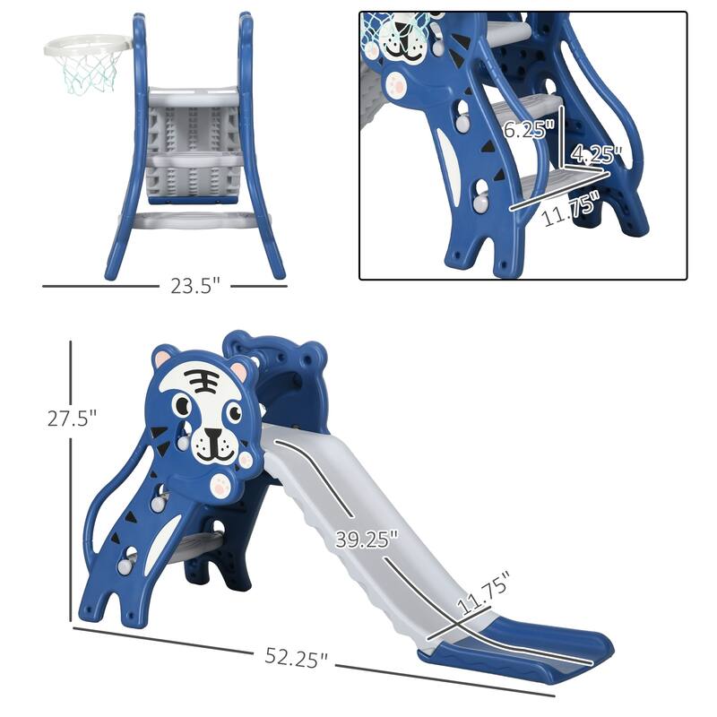 Kids Cartoon Pattern PE Indoor Slide with Basketball Hoop and Climber for Ages 18-36 Months - 52.25" L x 23.5" W x 27.5" H