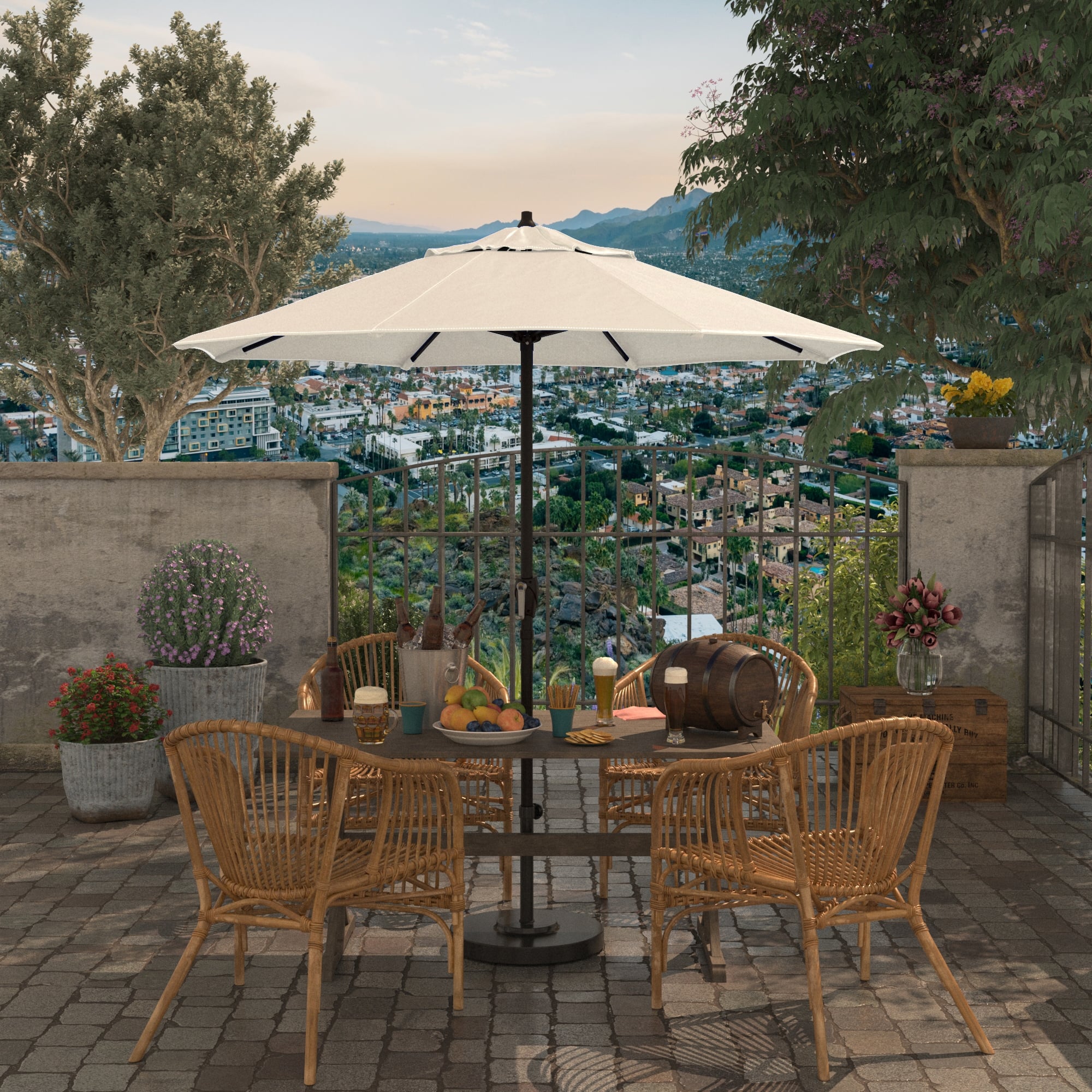 canvas patio umbrella Market | Wind Resistant, Crank Tilt, Woodgrain Finish | Commercial Grade | Sunbrella Tuscan This umbrella can be used optimally in both residential and commercial applications due to its posh appearance Market 8.5' Round Canvas Sunbrella