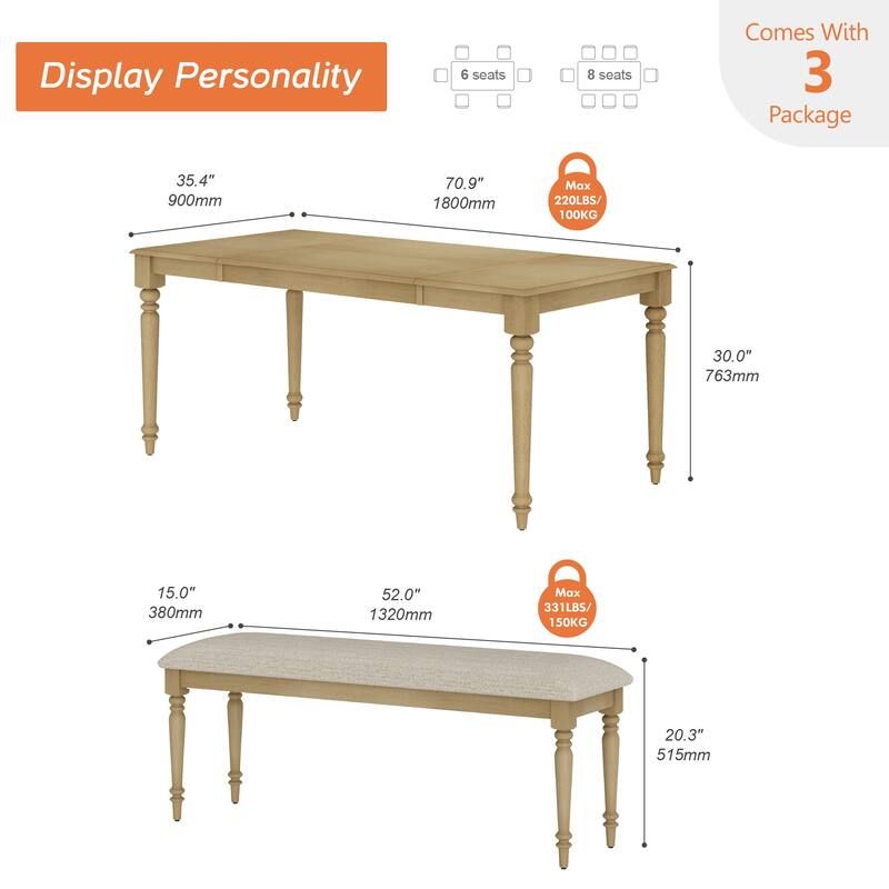 3-Piece Dining Table Set, Wood Dining Table & 2 Padded Benches, Oak