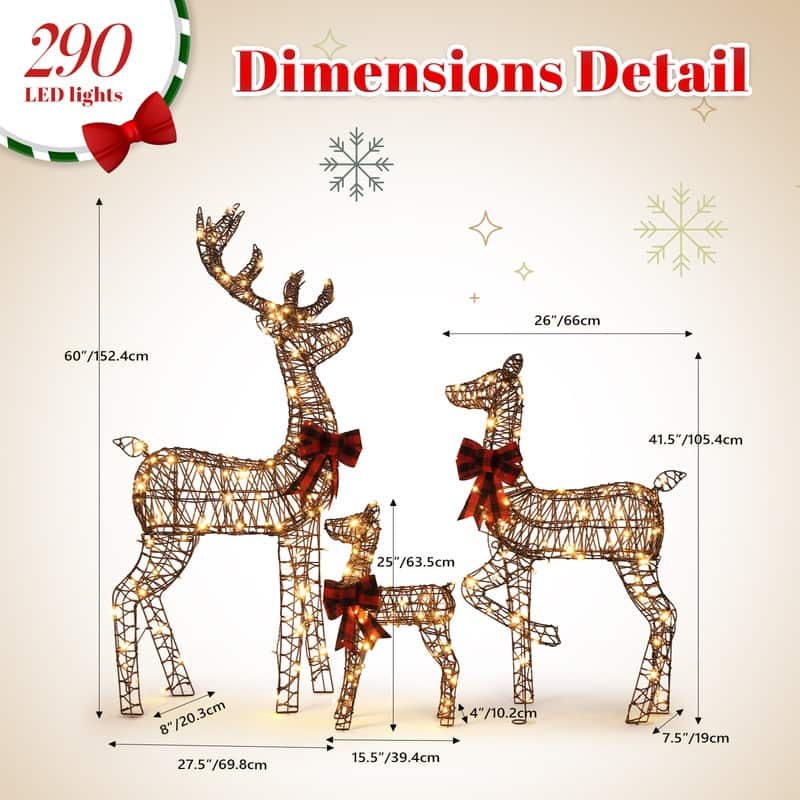 3-Piece Lighted Rattan Christmas Reindeer Family Set Outdoor Decorations - Brown