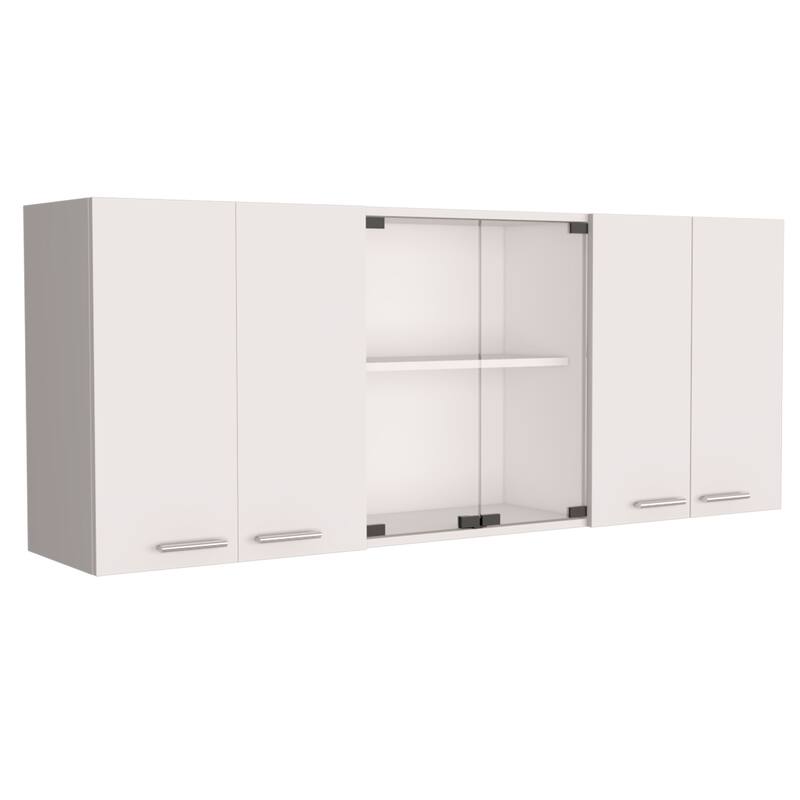 White Wall-Mounted Kitchen Cabinet - 24" H, 4 Doors, 2 Glass Panel Shelves, Dish Rack & Storage Organizer - 59.05X12.4 in