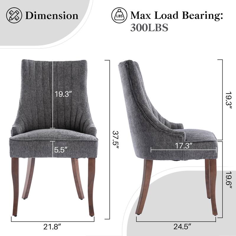 Vintage Linen Upholstered Dining Chairs Set of 2 with Channel Tufted Back & Solid Wood Legs