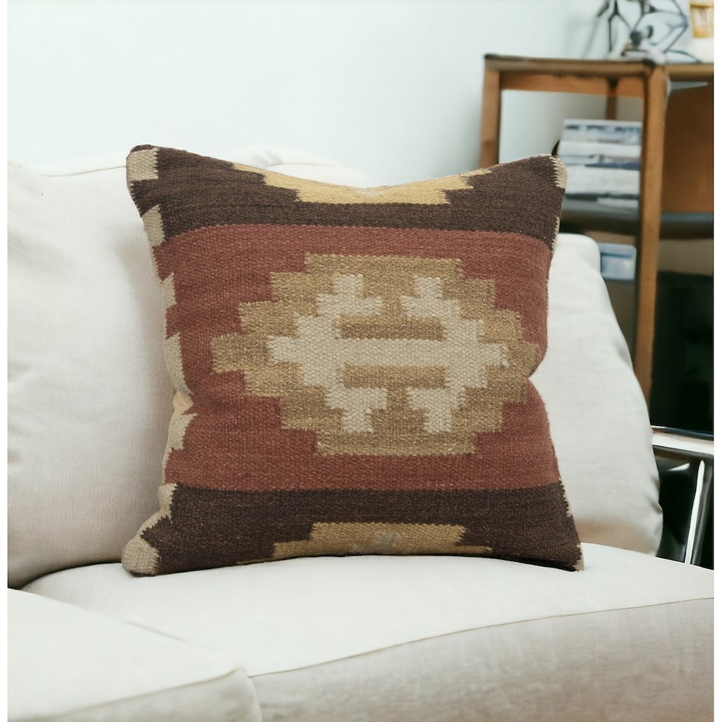 18" Brown and Beige Geometric Jute Wool Blend Throw Pillow