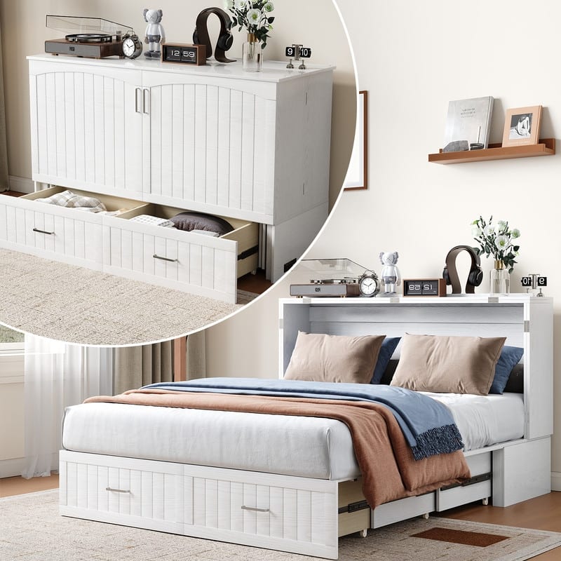 Mixoy Queen Modern Murphy Bed Cabinet with Charge Station,Mattress,Drawers - White