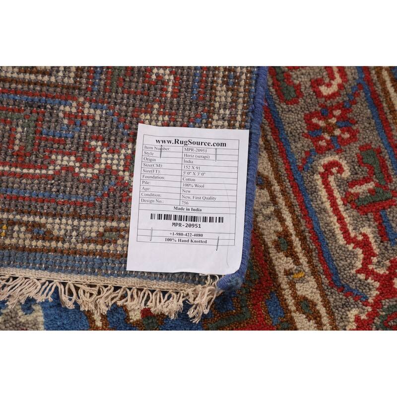 Light Blue Geometric Heriz Serapi Indian Rug Handmade Wool Carpet - 3'0" X 5'0"