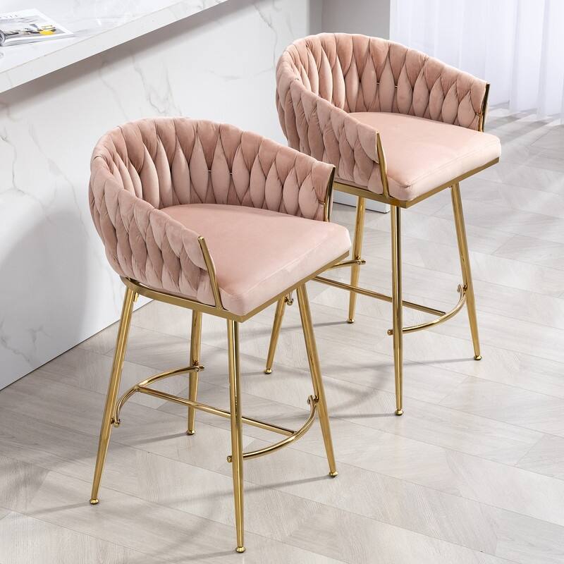 (Set of 1) 26" Velvet Counter Height Bar Stool with Wave Back, Golden Chrome Base and Footrest