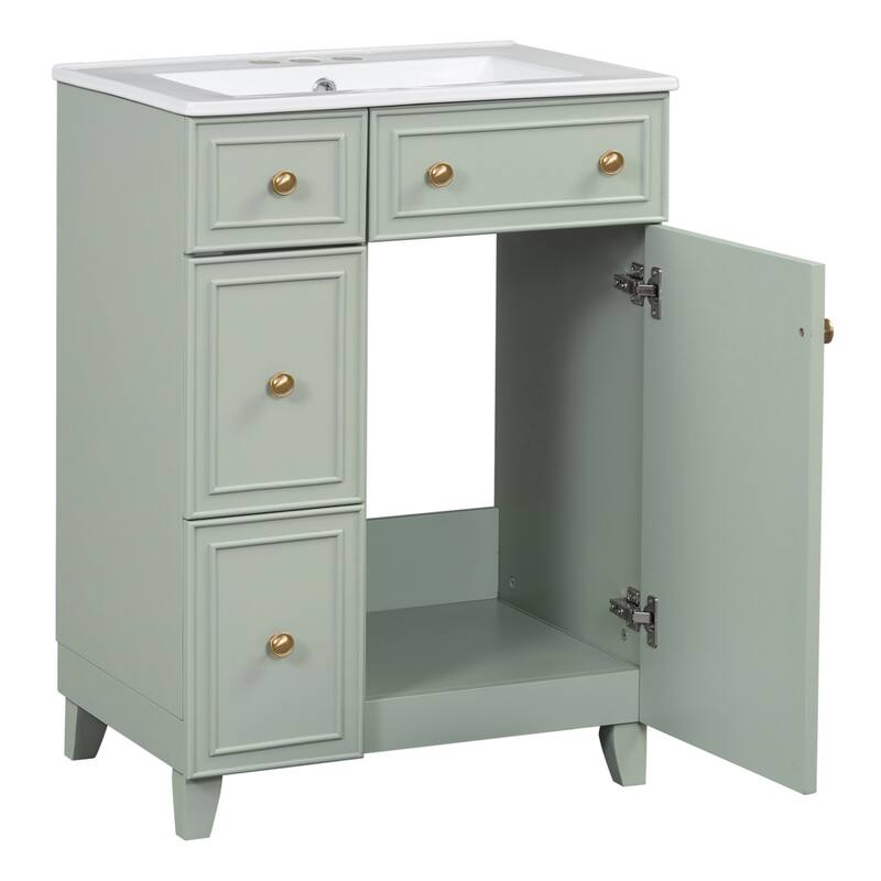 24-Inch Small Bathroom Vanity with Ceramic Sink, Modern Design Freestanding Storage Cabinet with 2 Drawers and 1 Door