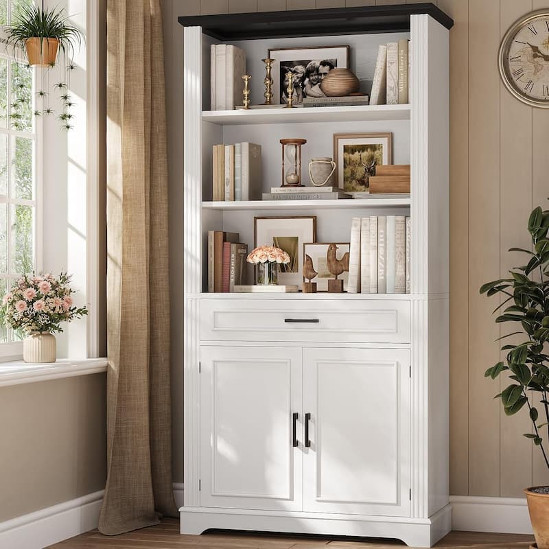 Bookshelves Bookcases with Doors and Drawer 6 Bookshelf Storage - White