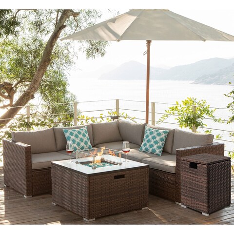 COSIEST 4-Piece Outdoor Sectional Sofa Set With Fire Pit Table Set