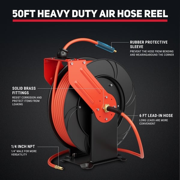 TXECPRO 50ft Retractable Air Hose Reel With Hybrid Hose - 3/8" ID, 300 PSI, All-Weather, Wall/Ceiling Mount For Garage & Shop