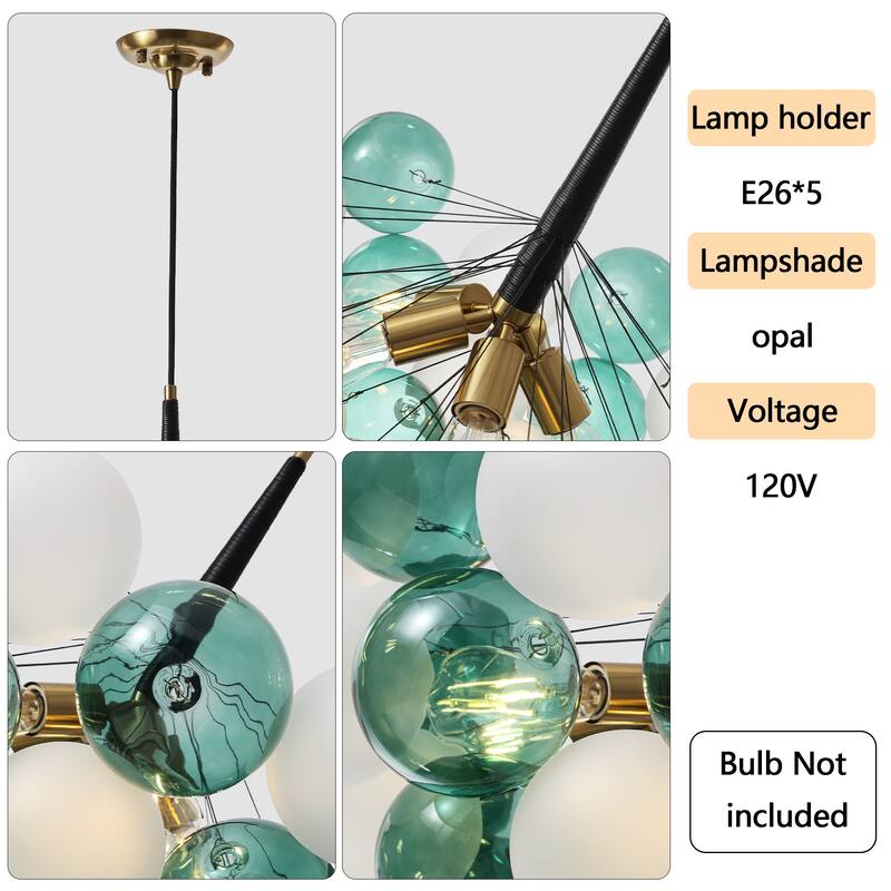 Mid - Century Modern Glass Globe Chandelier, Adjustable Height, E26 Base, 5 - Light Cluster Pendant Light for Dining Room