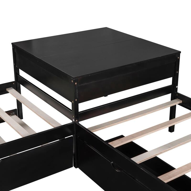 Twin Size L-Shaped Corner Platform Beds with Trundle and Drawers Linked with Built-in Desk