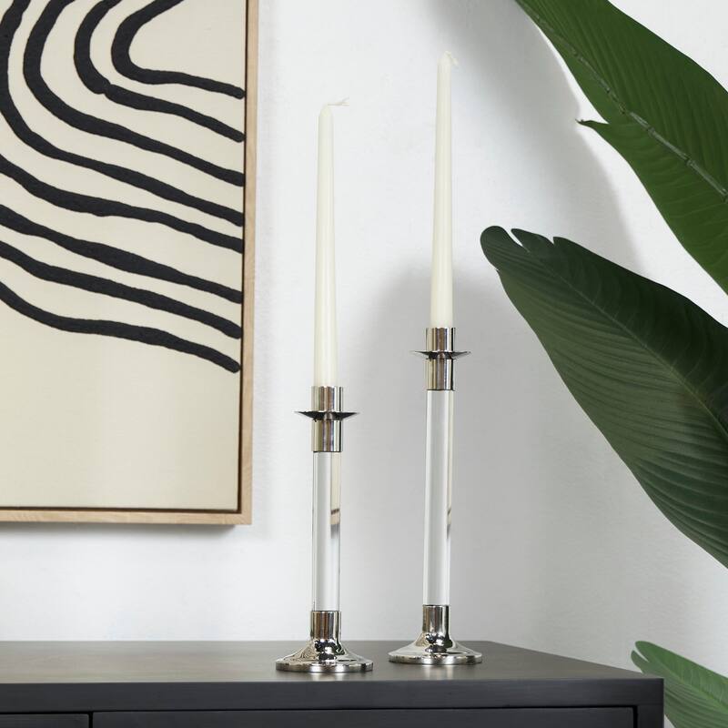 Gold or Silver Stainless Steel Metal Candle Holder with Clear Glass Center (Set of 2) - Silver