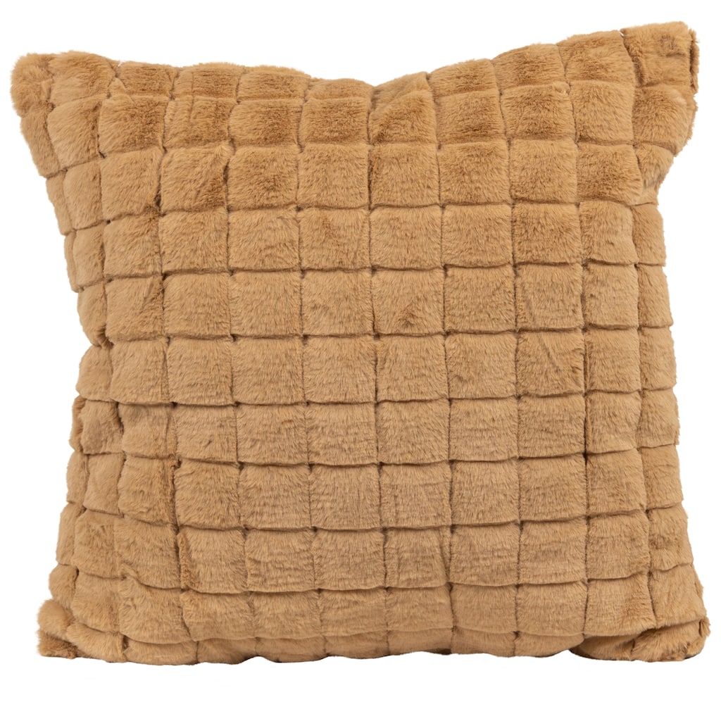 18" Khaki Rabbit Faux Fur Plaid Pattern Square Throw Pillow