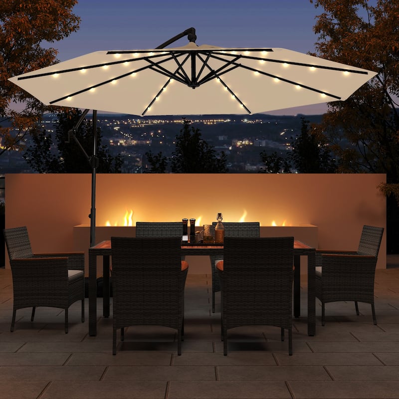 Large 10 Feet Patio Offset Umbrella with Stable Crossed Base and Solar LED Lights for Outdoor