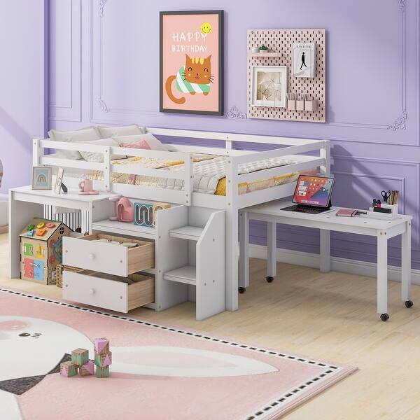 slide 2 of 9, White Wooden Loft Bed with Movable Desk and Small desk, 2 Drawers, Full-Length Guardrail Full - White