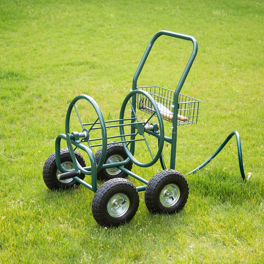 Glitzhome 34.5"H Green Utility Wagon Reel Cart with Hose