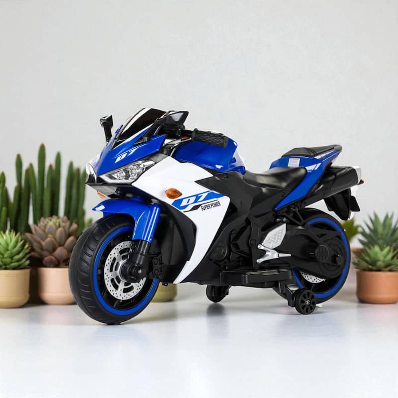 12V Electric Kids Motorcycle Ride-On Toy with Manual Throttle, Headlight, Music, MP3, Training Wheels, for Ages 3-6 - Blue