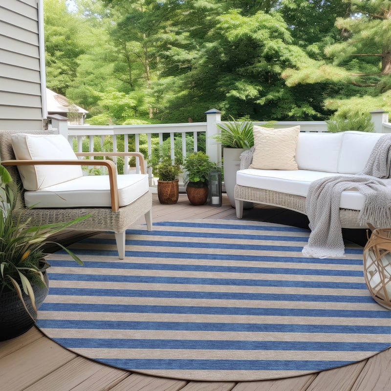 Machine Washable Indoor/ Outdoor Cabana Stripe Chantille Rug - Tan - 8' x 8'