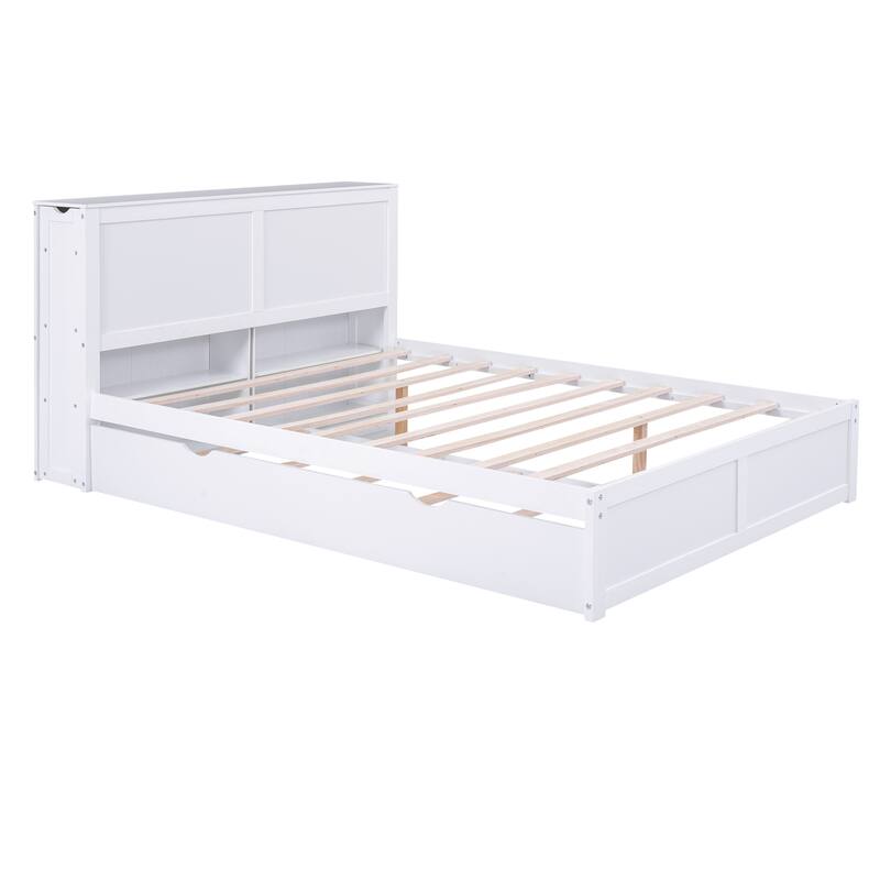 Queen Size Storage Bed with Pull-Out Shelves and Twin XL Trundle, White