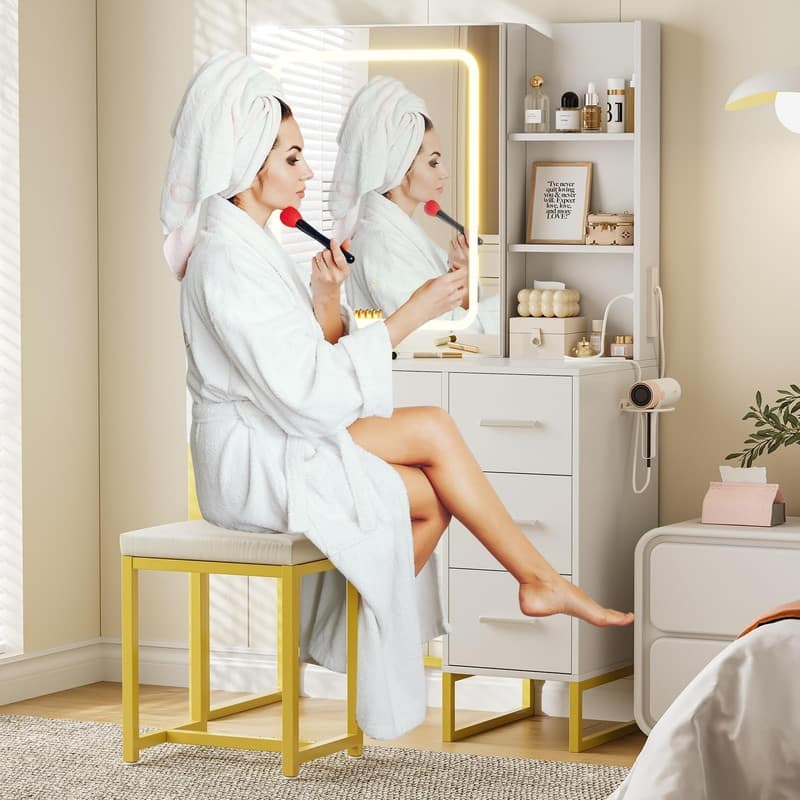 Makeup Vanity with Sliding LED Mirror, Charging Station, Drawers, Shelves & Stool