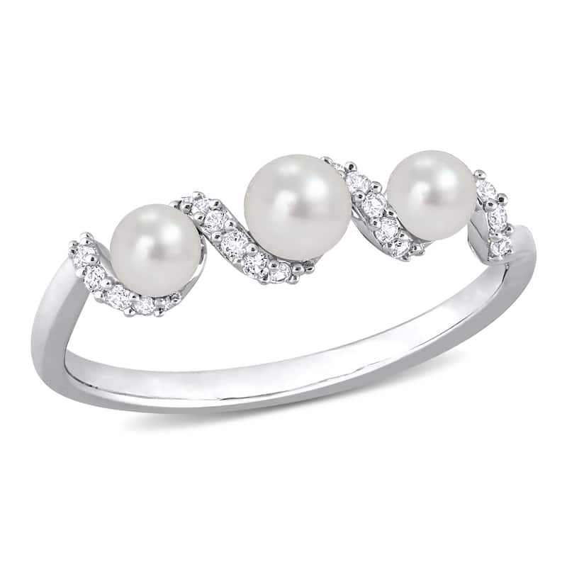 Miadora Cultured Freshwater Pearl and 1/4ct TGW Created White SapphireSwirl Ring in Sterling Silver