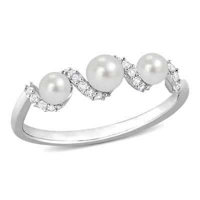 Miadora Cultured Freshwater Pearl and 1/4ct TGW Created White SapphireSwirl Ring in Sterling Silver