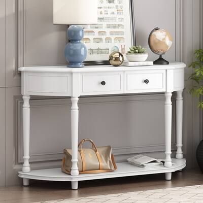 Circular Curved Design Console Table with Open Style Shelf Solid Wooden Frame and Legs Two Top Drawers