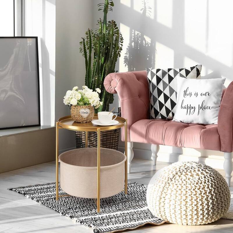 Side Table with Fabric Storage Basket Table Nightstand