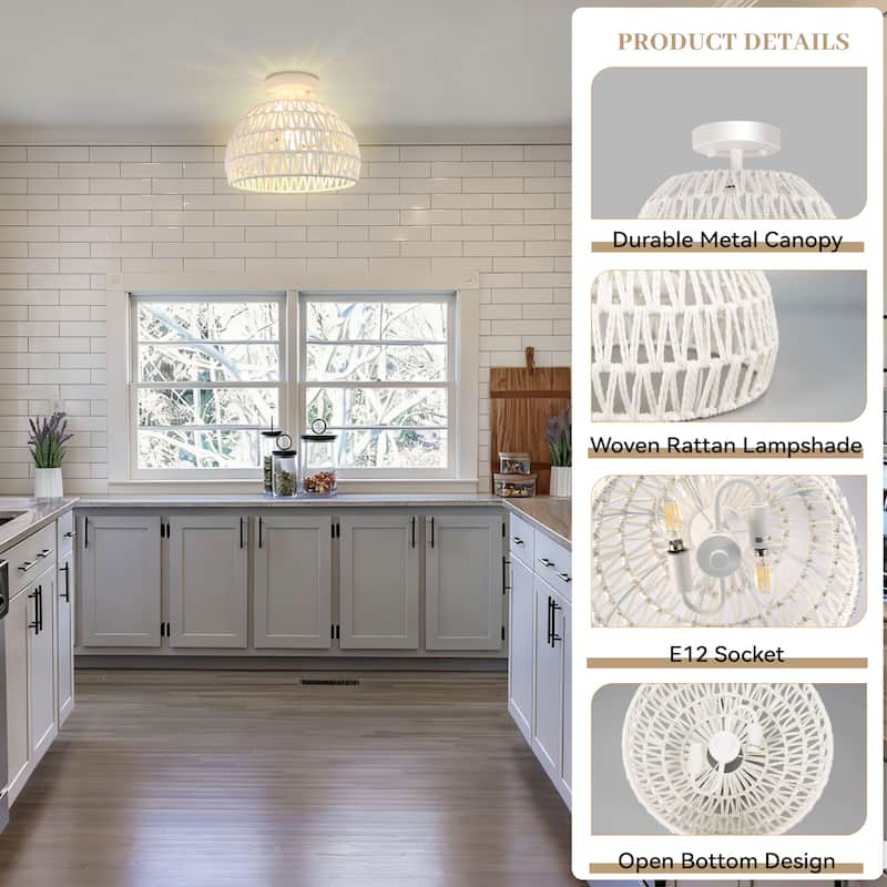 Semi Flush Mount Rattan Light Fixture Woven Ceiling Light Fixture - 2-Light