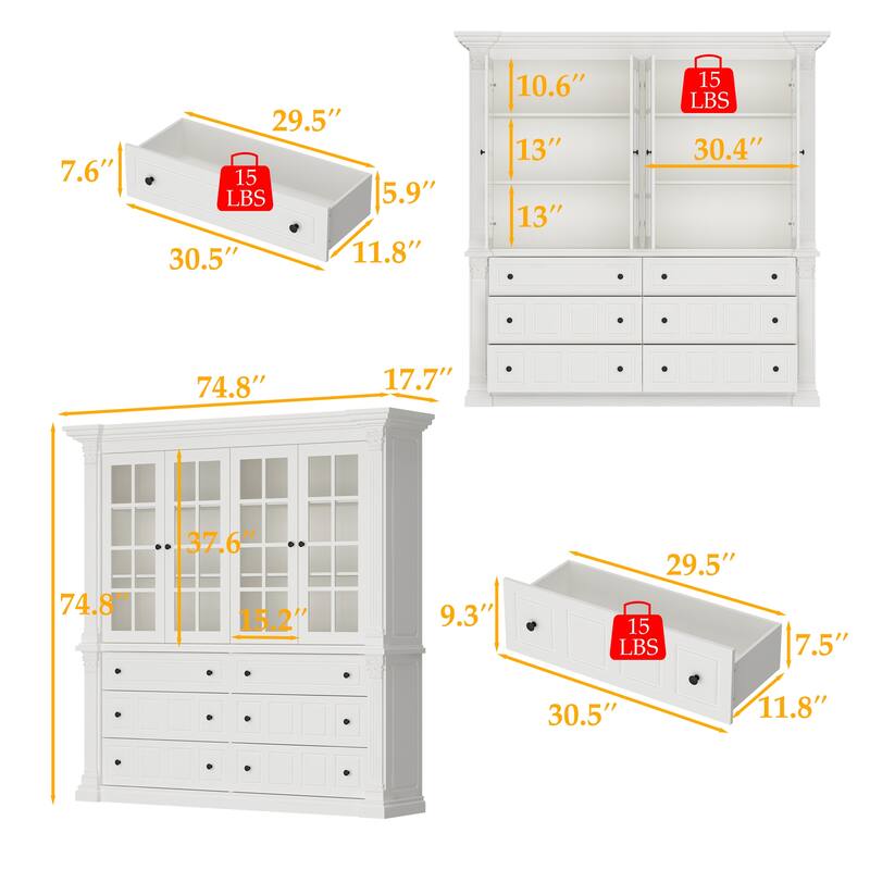 White Glass Door China Cabinet with Drawers, Large Buffet Hutch Sideboard Storage Cabinet for Dining Room - 74.8"x74.8"