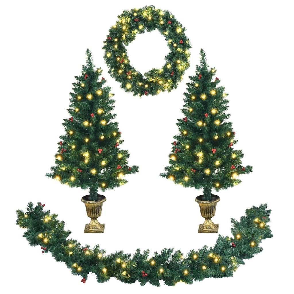 4 Feet Artificial Christmas Tree with LED Lights, Matching Wreath and Garland for Home Decor - 4 ft