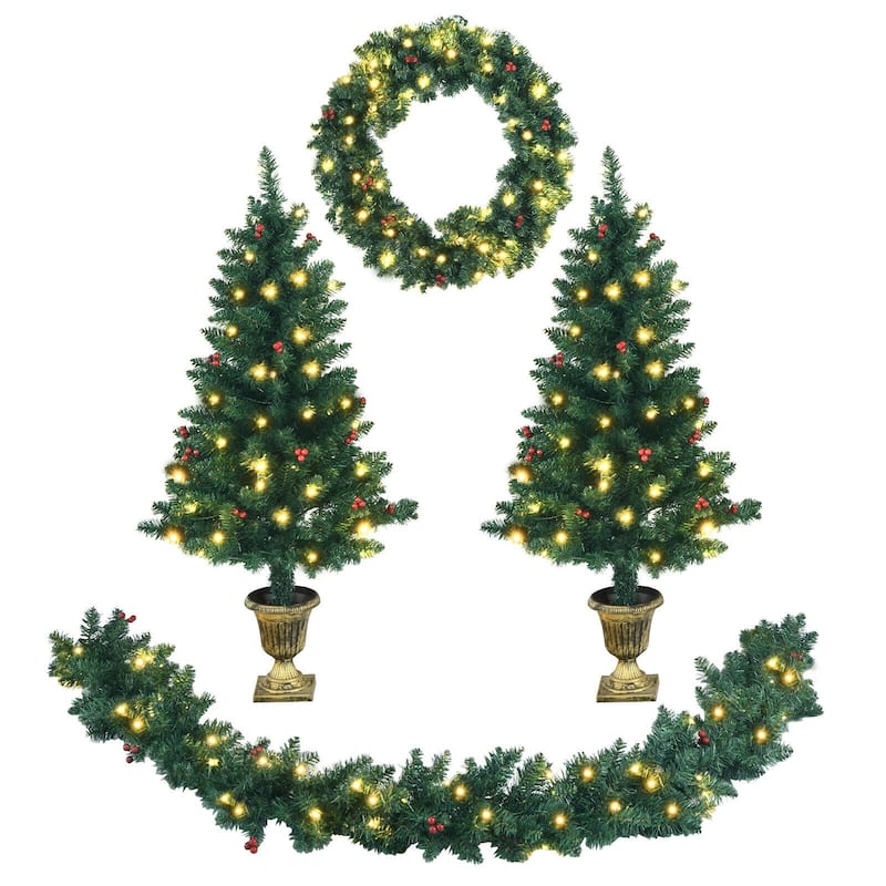 4 Feet Artificial Christmas Tree with LED Lights, Matching Wreath and Garland for Home Decor - 4 ft