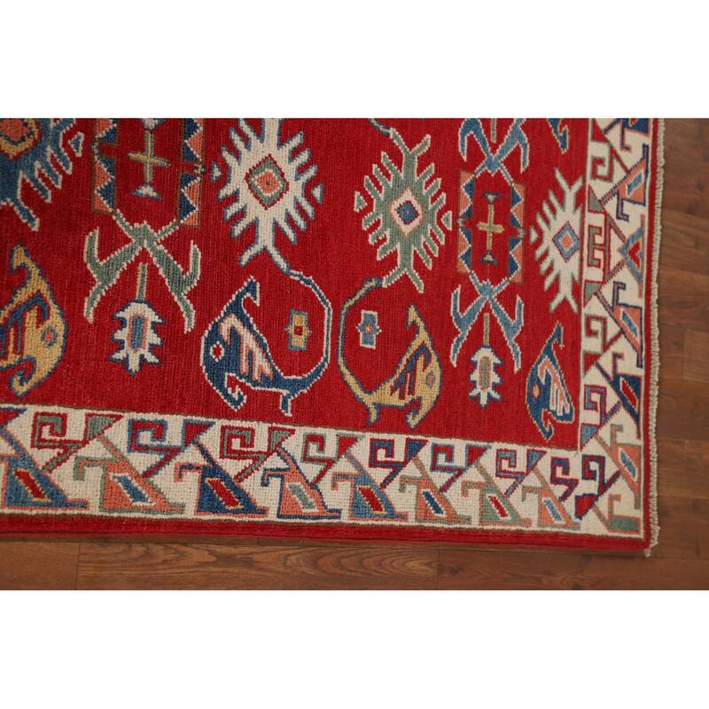 Red Geometric Kazak Oriental Runner Rug Handmade Wool Carpet - 2'7" x 9'8"