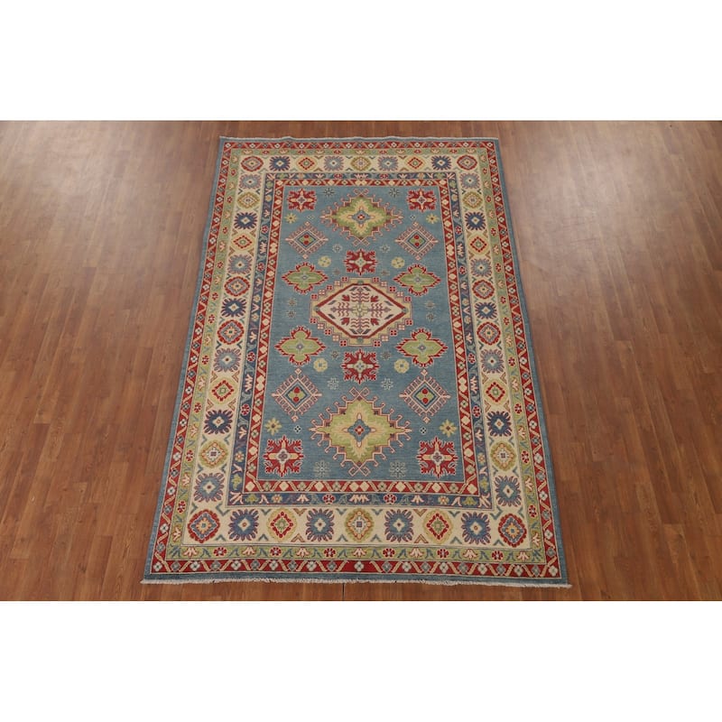 Blue Traditional / Geometric Kazak Area Rug Handmade Wool Carpet - 5'11" x 9'5"
