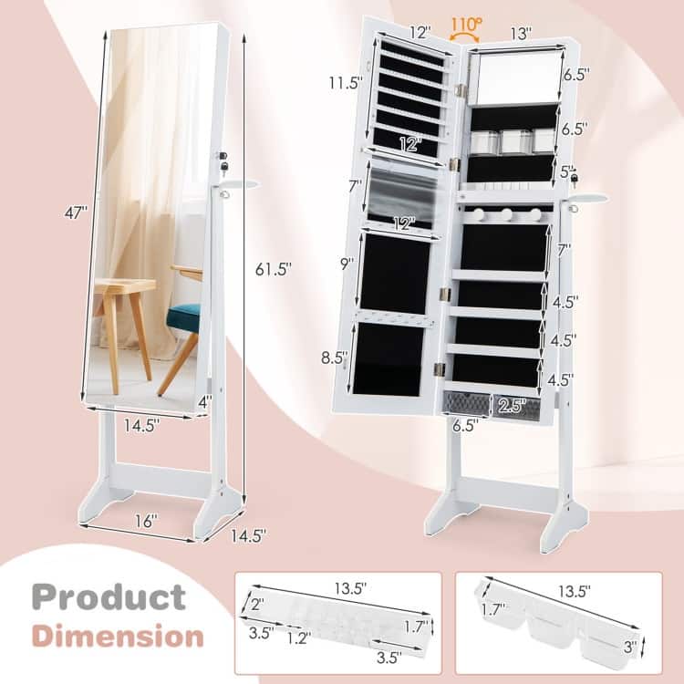 Full Length Mirror Jewelry Organizer with Adjustable LED Lighting - 16" x 14.5" x 61.5" (L x W x H)