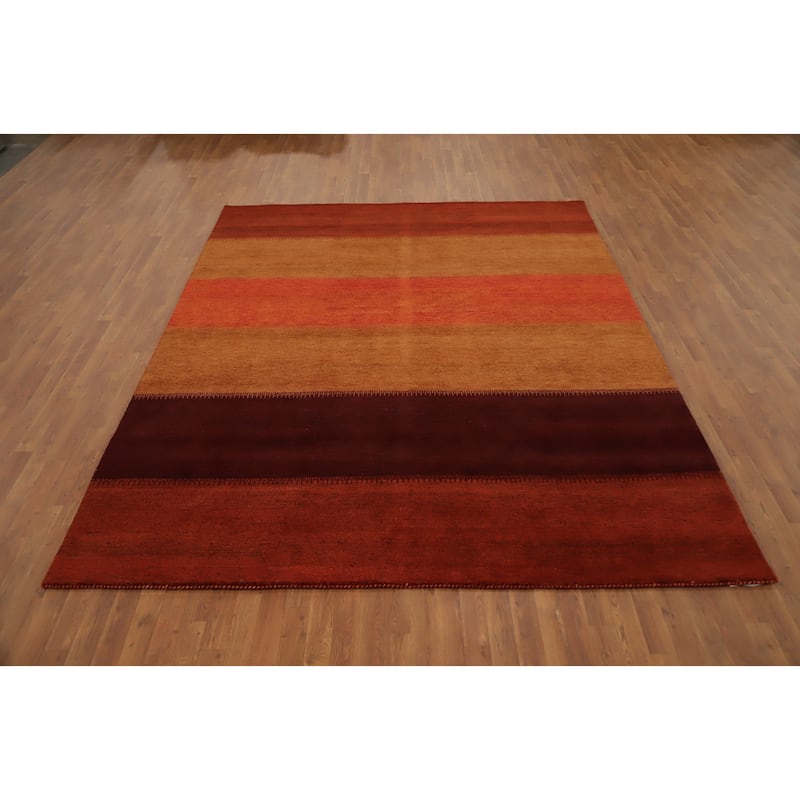 Hand Knotted Oriental 100% Wool Carpet Modern Stripe Oranges & Rust Gabbeh Area Rug - 10' 1'' X 8' 3''