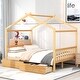 preview thumbnail 1 of 22, Natural Wood Full Size House Bed with Storage Drawers and Headboard for Kids Natural