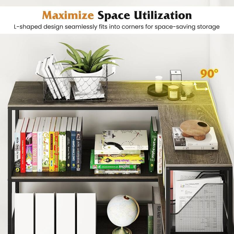 5-Tier Industrial Wood Open Corner Bookcase 90 Degrees Large Bookshelf