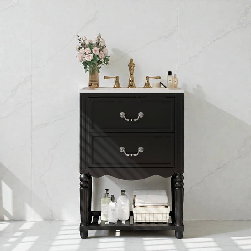 24'' Vintage Bathroom Vanity with Ceramic Sink, Freestanding Cabinet with 2 Drawers, Open Shelf - Black