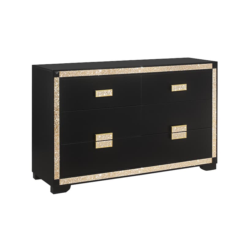 HomeRoots 62" Black And Gold Faux Crystal Bling Wood Six Drawer Double Dresser