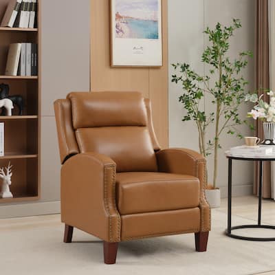 Genuine Leather Pushback Recliner with Multi-Angle Seat Back and Solid Wood Legs