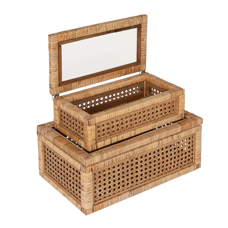 Woven Rattan Display Boxes with Glass Lids & Fir Wood Frame