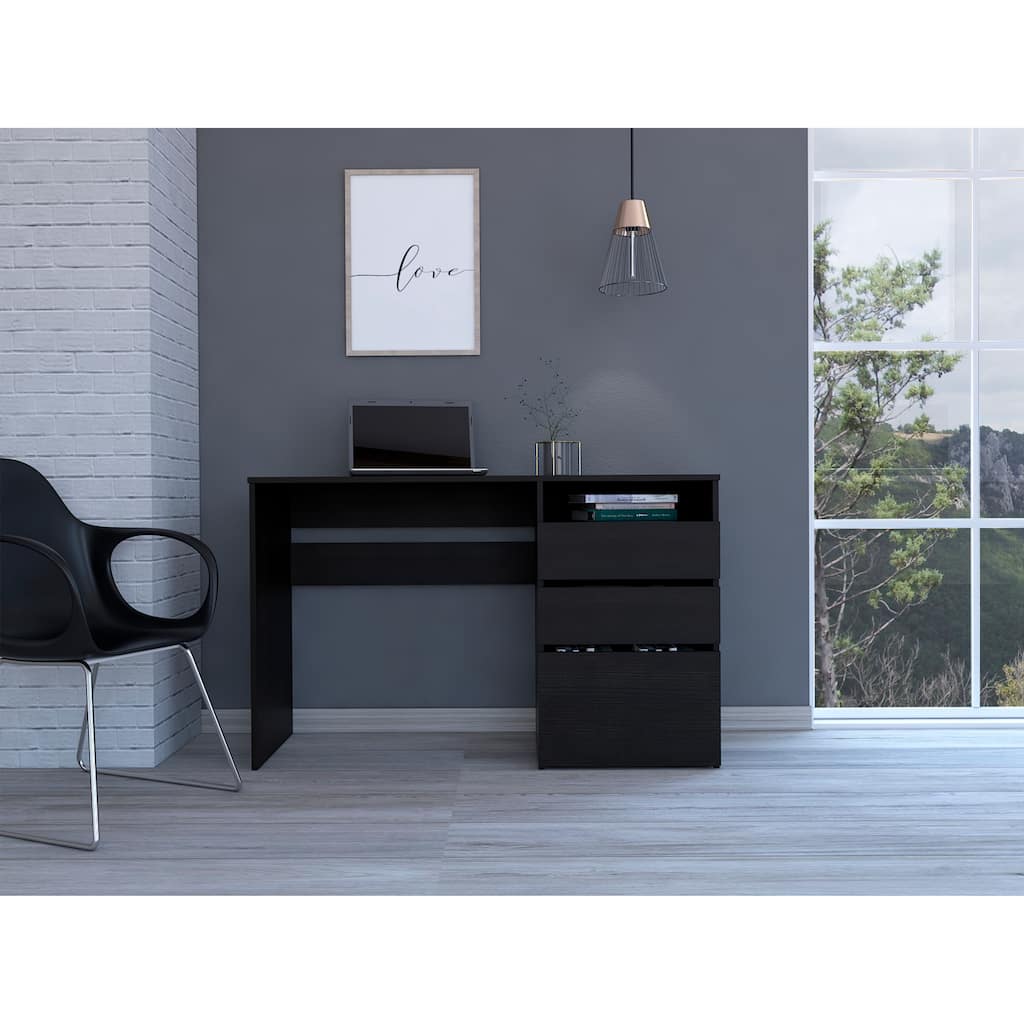 Modern Rectangular Computer Desk with Three Drawers, Compact Design, and Open Shelf for Stylish Workspaces