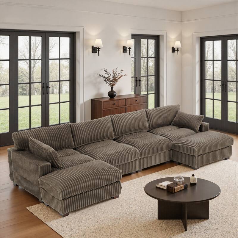 Upholstered Plush Flannel Modular Sectional Sofa with Pillows,Ajustable Headrest