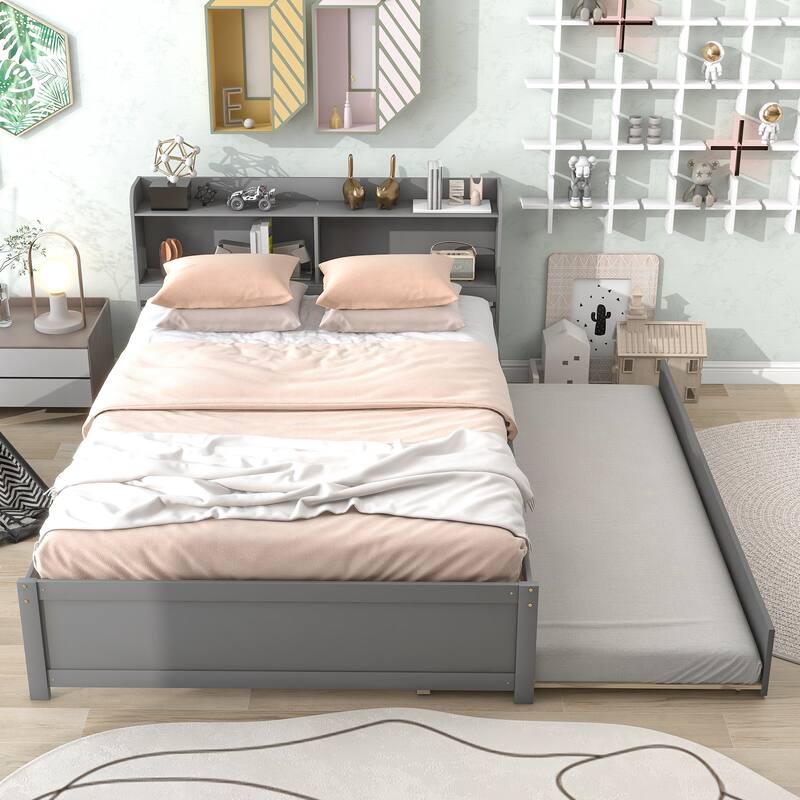 Full/Twin Storage Bed with Trundle and Bookcase Headboard, Pine Wood Bed Frame with Shelves, Space-Saving Design