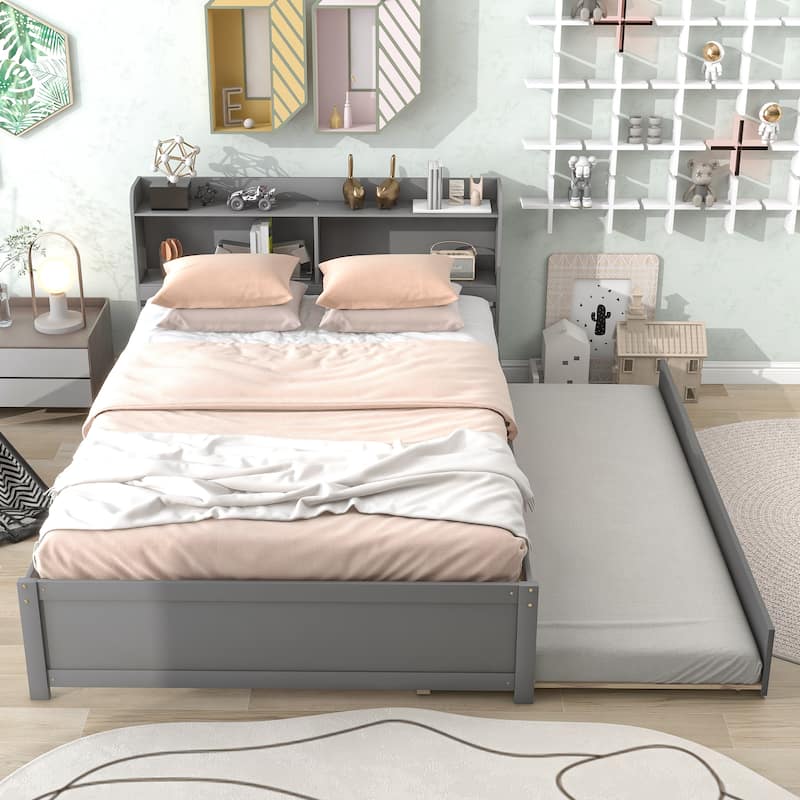 Pine Platform Bed with Trundle & Bookcase Headboard